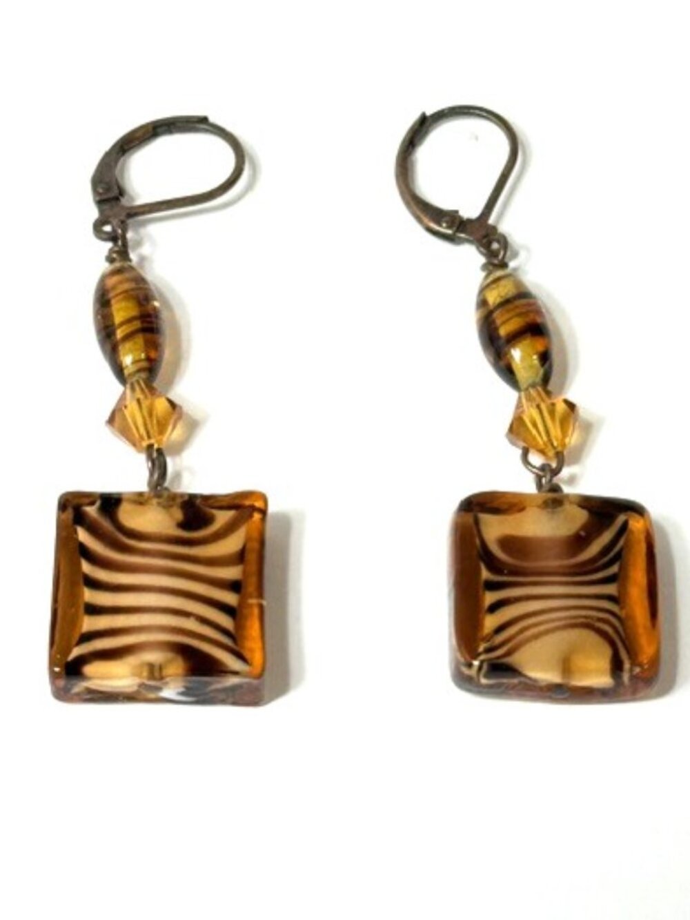 Vintage amber-colored dichroic glass earrings.